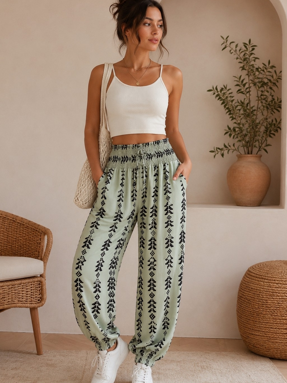 Women's Boho Harem Pants Sage Green Geometric Smocked Waist Silky Joggers